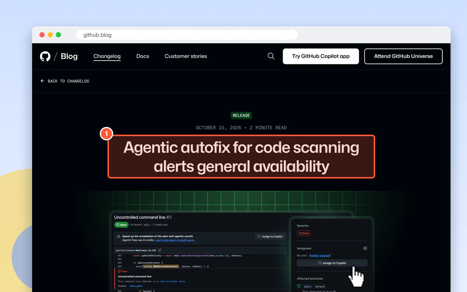 Screenshot of GitHub's page "Agentic autofix for code scanning alerts general availability - GitHub Changelog", with "Agentic autofix for code scanning alerts general availabilit" highlighted.