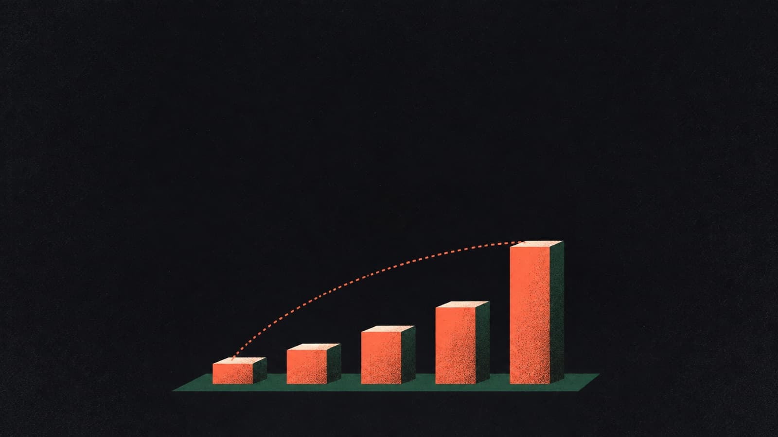 A bar-chart skyline with several short coral bars and one much taller bar, a dotted arc spanning the range between them.