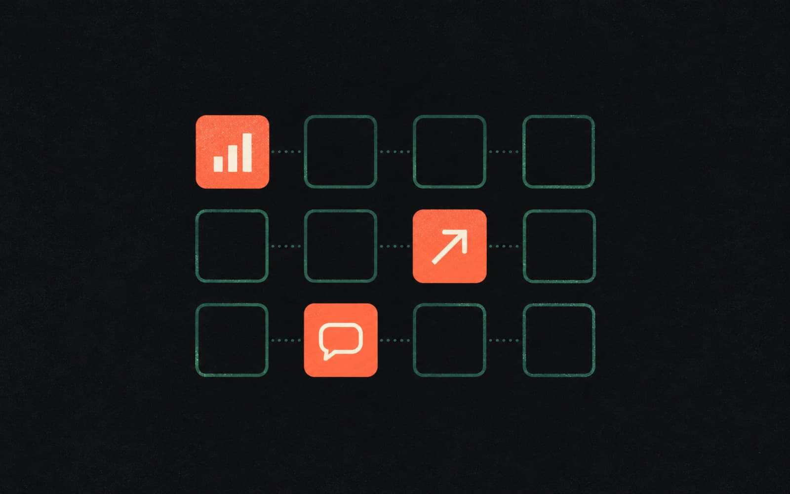 A grid of twelve tiles, three lit coral with icons for a chart, an arrow and a speech bubble, representing three different kinds of evidence.