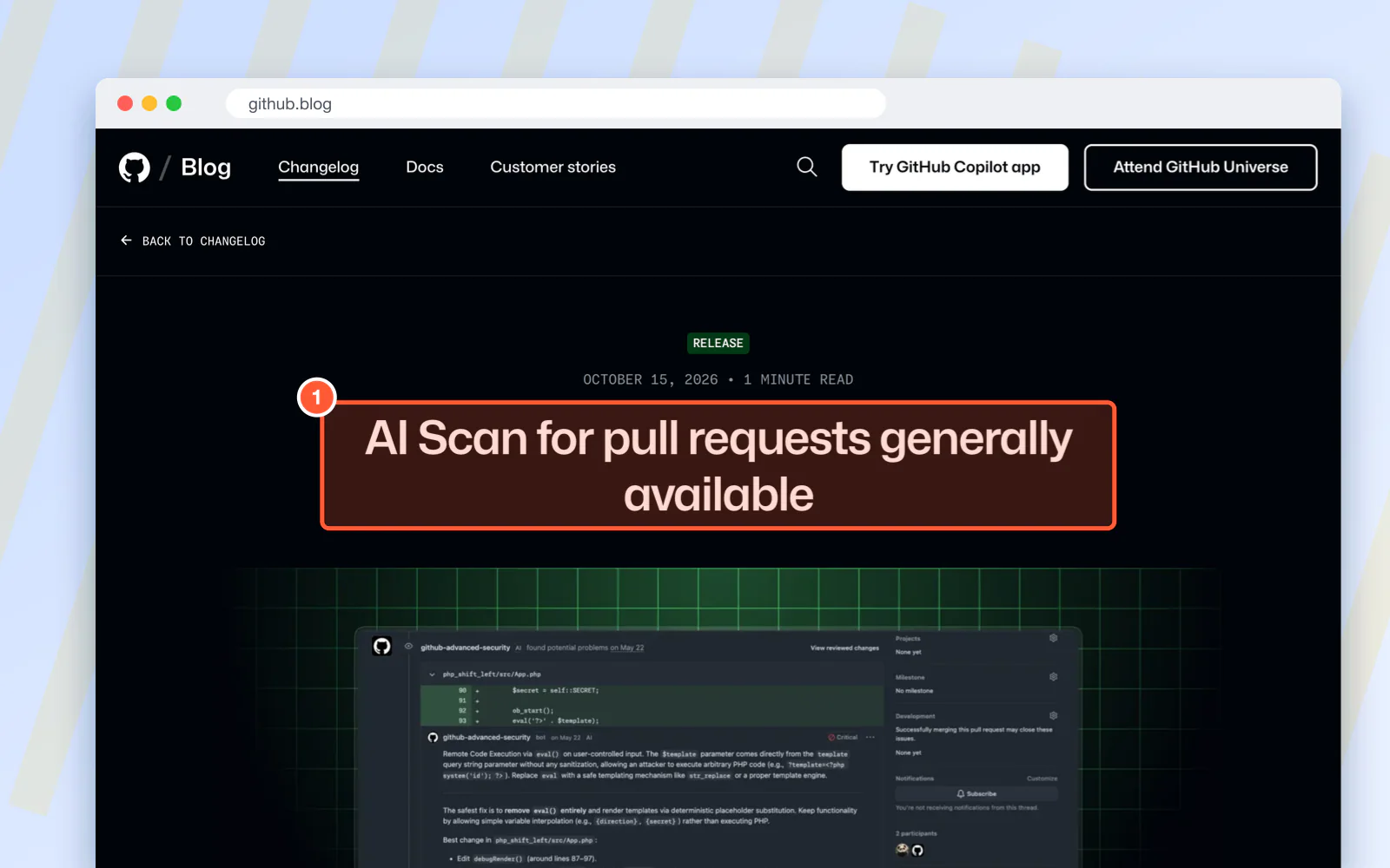 Screenshot of GitHub's page "AI Scan for pull requests generally available - GitHub Changelog", with "AI Scan for pull requests generally available" highlighted.