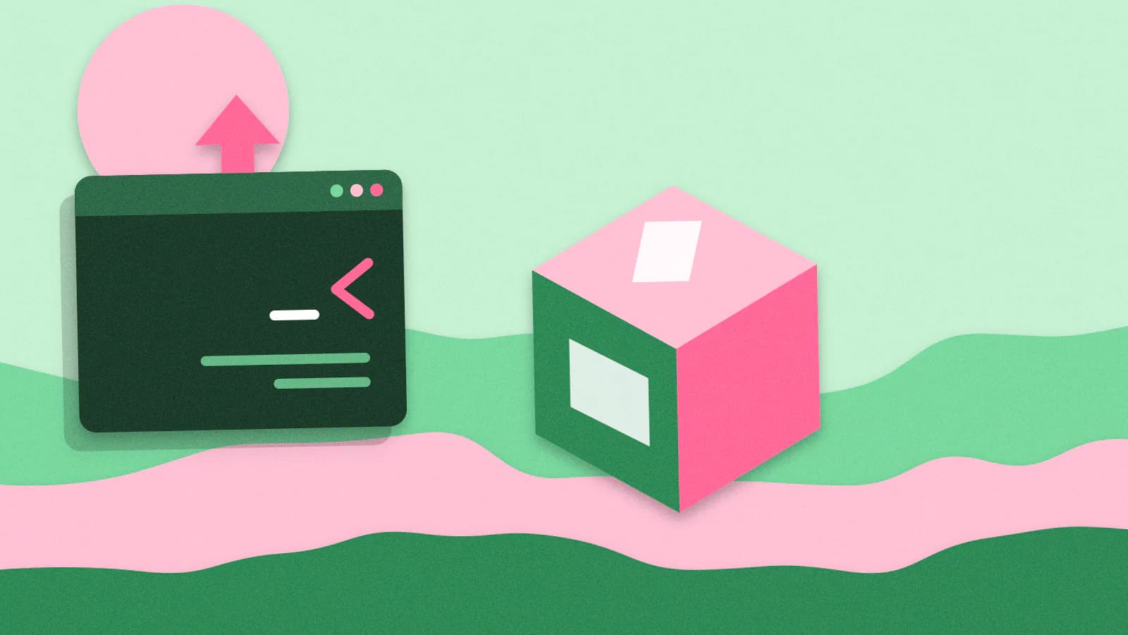 Paper-cut illustration: A shipping box with a label and tape, an upward arrow, and a terminal prompt chevron beside it.