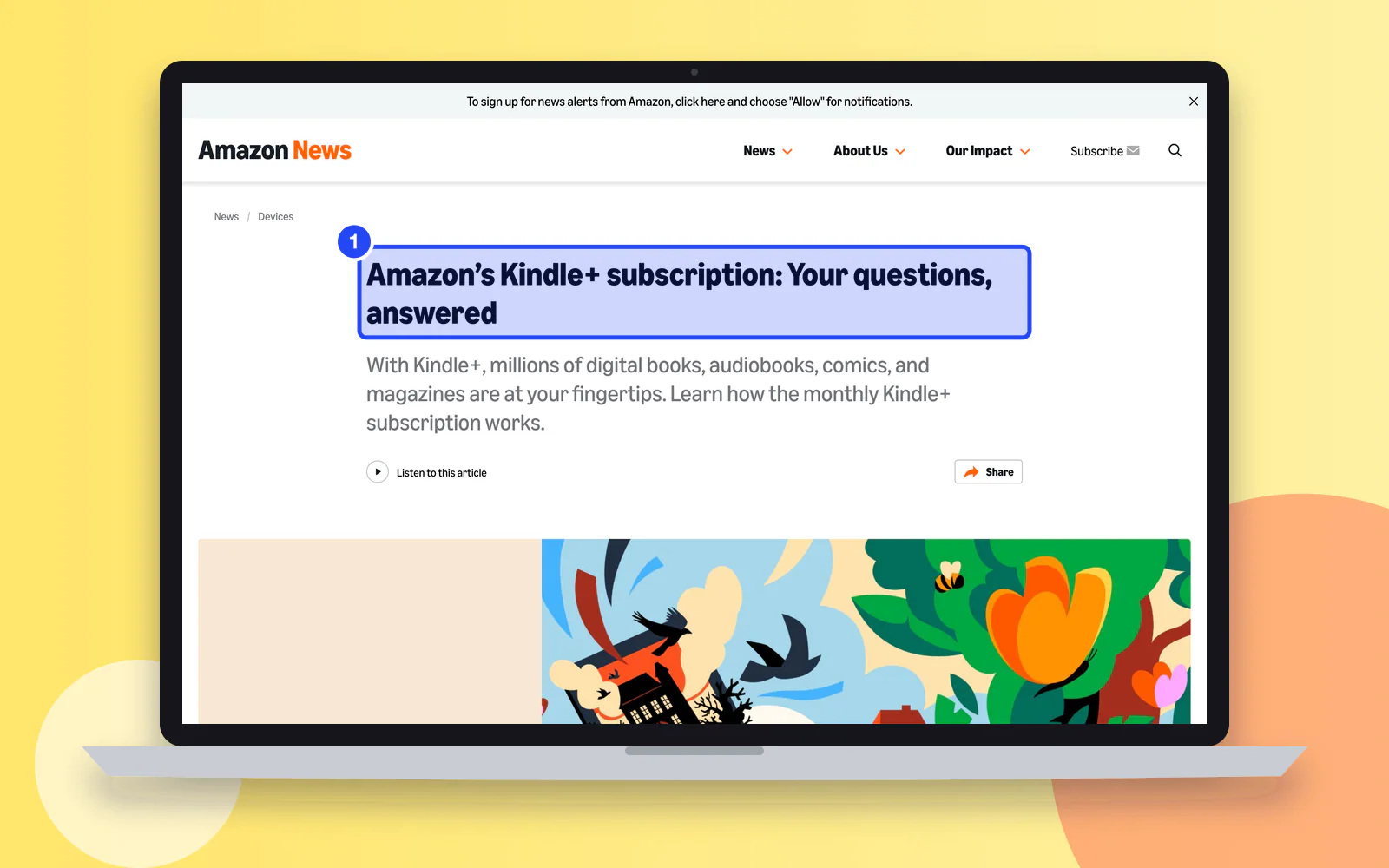 Screenshot of Amazon's page "Kindle Unlimited is now Kindle+: Everything you need to know", with "Amazon’s Kindle+ subscription: Your questions, answered" highlighted.