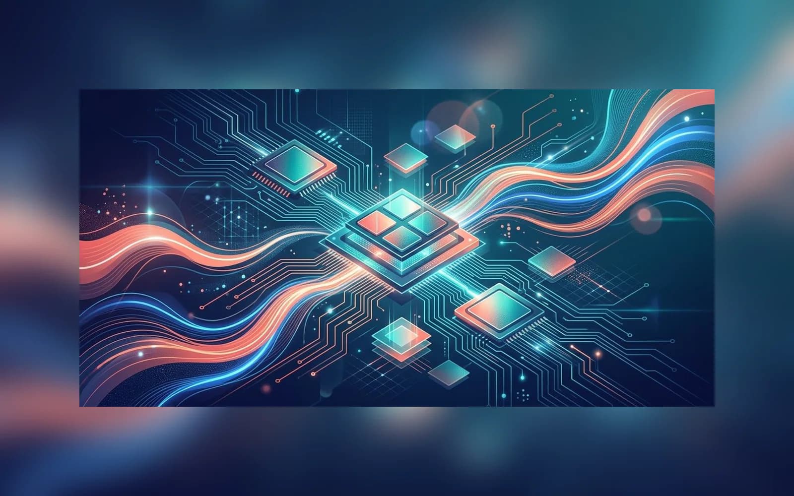 Glowing microchips and circuit traces on a dark blue board, crossed by flowing ribbons of coral and cyan light.