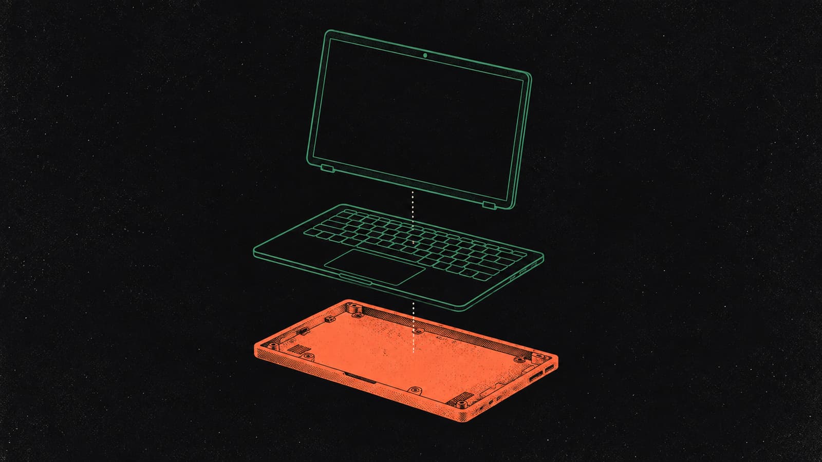 A laptop shown exploded into its screen, keyboard deck and base, with the base solid coral and the other parts left as outlines.
