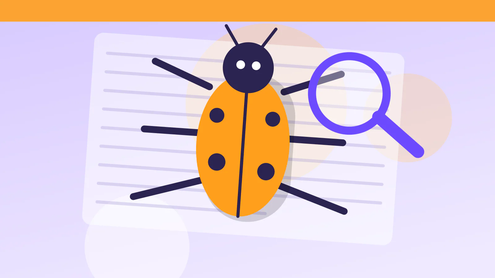 A big beetle-shaped bug on a code window, with a magnifying glass over its head.