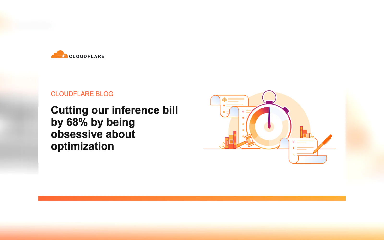 Cloudflare Blog graphic titled “Cutting our inference bill by 68% by being obsessive about optimization,” beside a stopwatch.