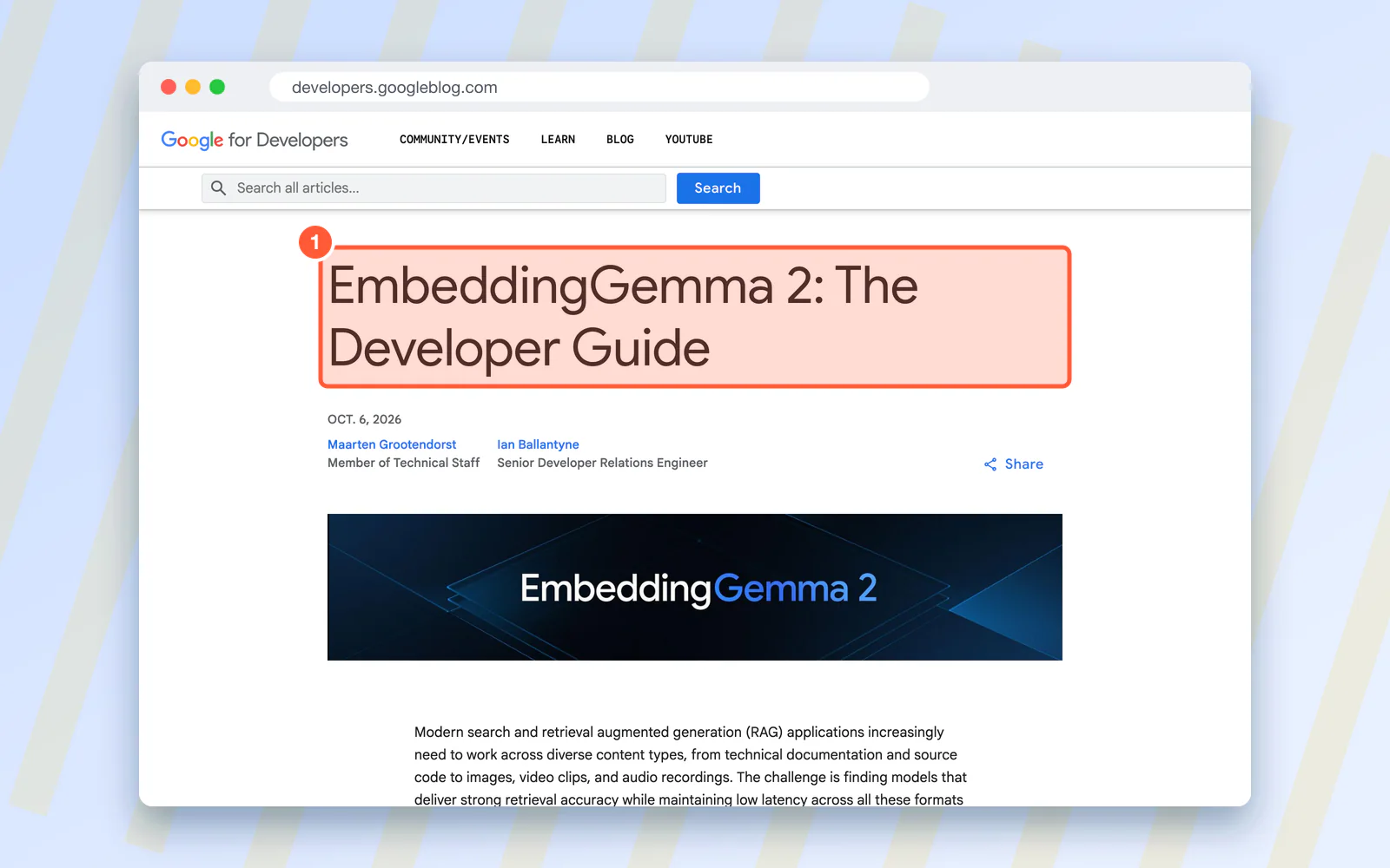 Screenshot of Google Developers Blog's page "EmbeddingGemma 2: The Developer Guide - Google Developers Blog", with "EmbeddingGemma 2: The Developer Guide" highlighted.