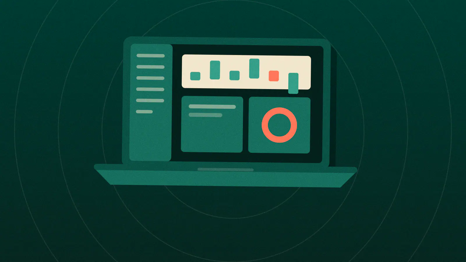 An open laptop showing an app window with a sidebar, a chart panel and a highlighted update badge.