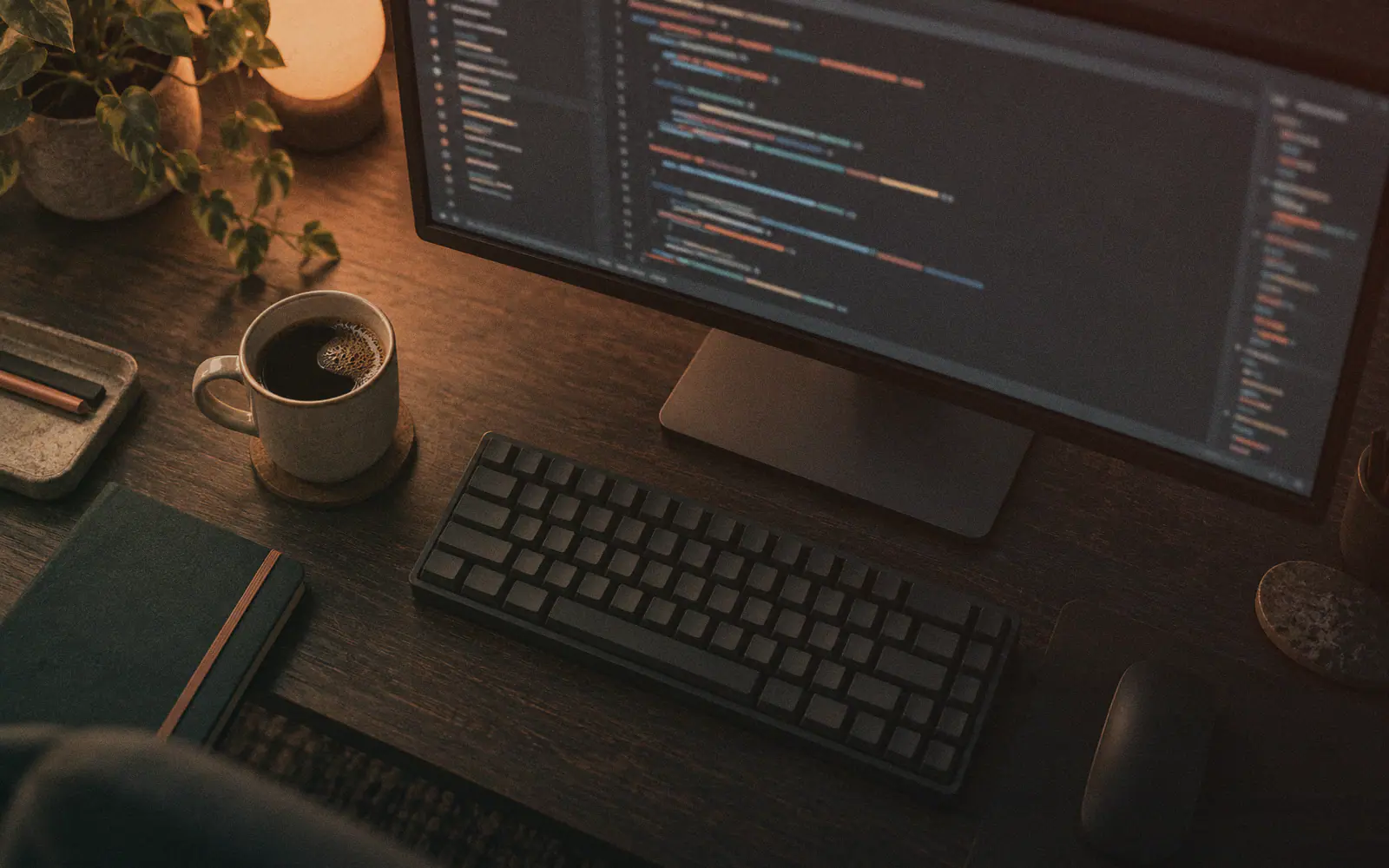 Generated photo: a dark code editor on a widescreen monitor in a dim room, blurred colored syntax lines, a coffee mug beside the keyboard.