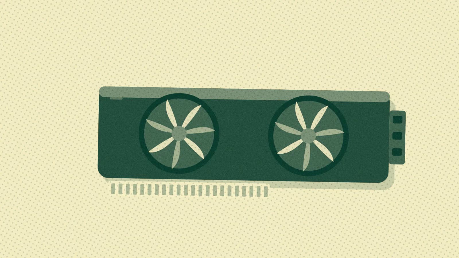Two-colour print illustration: A graphics card with two round fans, a heatsink shroud and a row of connector pins along the bottom edge.