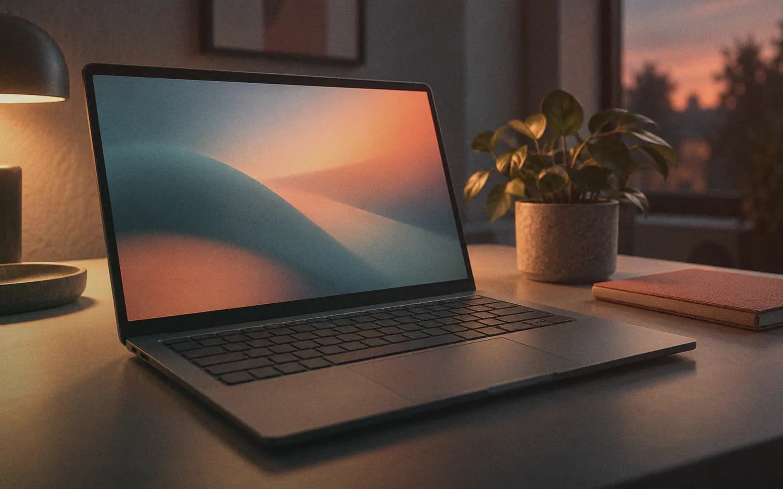 Generated photo: a open laptop on a clean desk seen from a three-quarter angle, soft screen glow, a small plant and a notebook beside it.