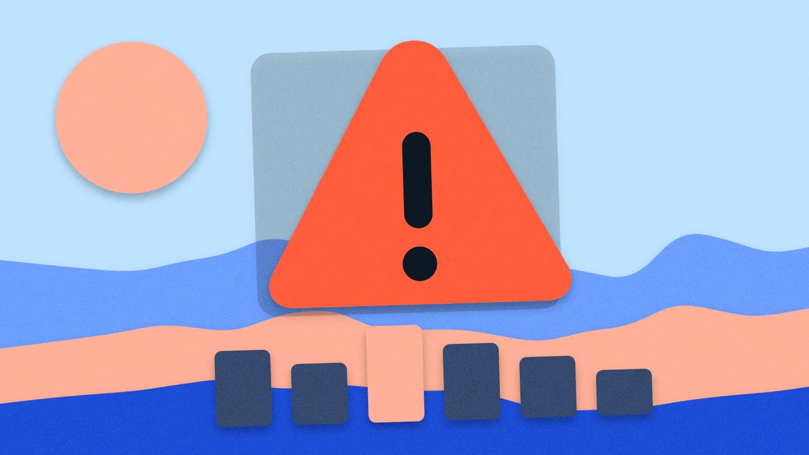 Paper-cut illustration: A rounded warning triangle with an exclamation mark above a bar chart where one bar towers over the others.