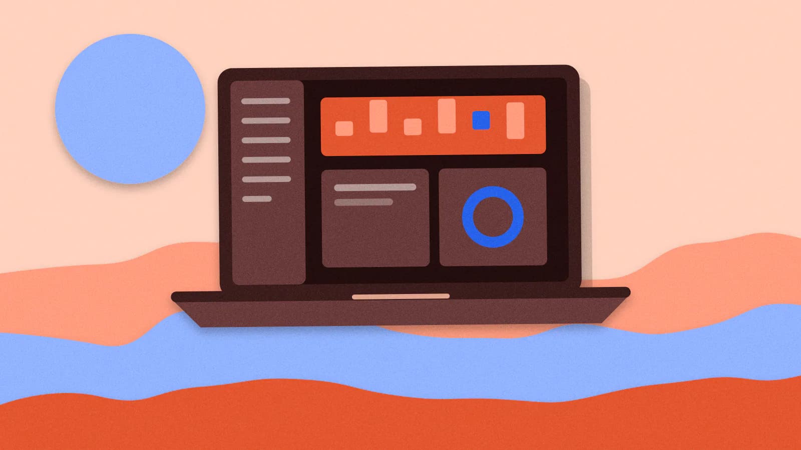 Paper-cut illustration: An open laptop showing an app window with a sidebar, a chart panel and a highlighted update badge.