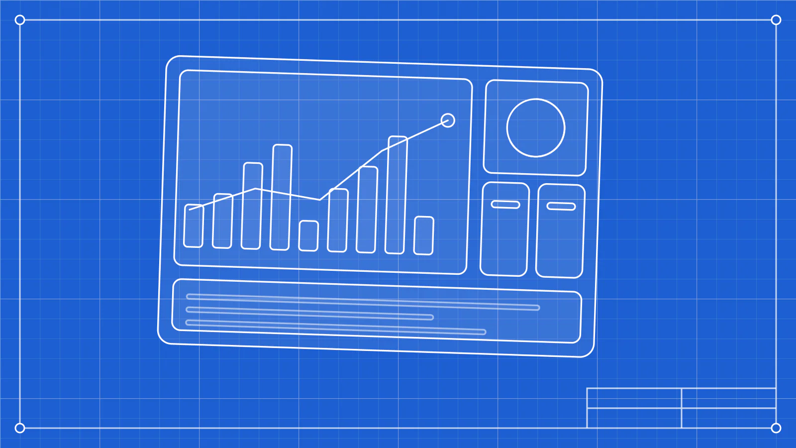 Blueprint-style line drawing: A dashboard panel with a bar chart, a rising line, a donut gauge and two number tiles.