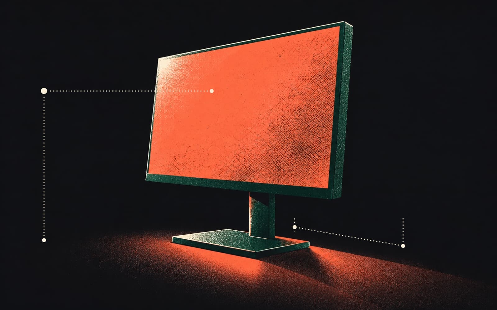 A desktop monitor at a dramatic angle with a coral-lit screen and dotted guide lines suggesting height and distance.