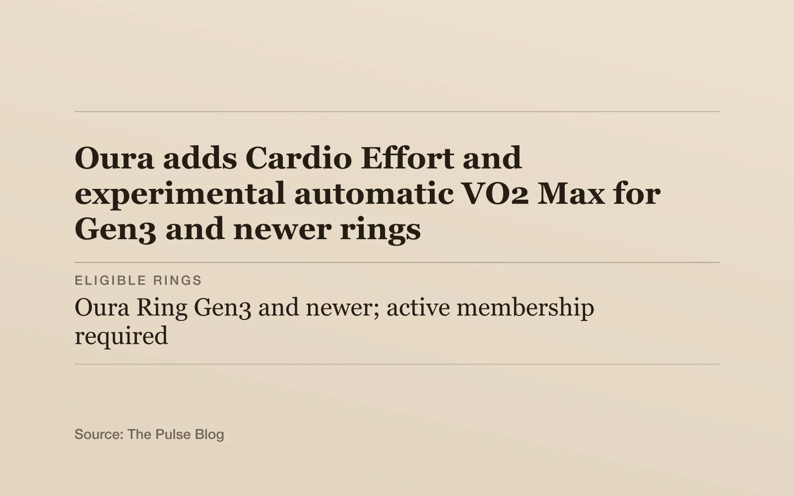 Key facts card, headline "Oura adds Cardio Effort and experimental automatic VO2 Max for Gen3 and newer rings": Eligible rings - Oura Ring Gen3 and newer; active membership required; Cardio Effort - Workout strain scores accumulate into a personalized weekly total; Automatic VO2 Max - Activates after five qualifying GPS-enabled activities, according to Oura and The Verge.