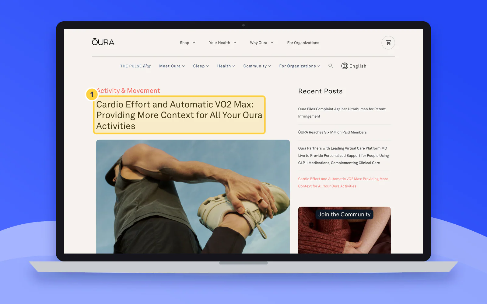 Screenshot of Oura's page "Cardio Effort and Automatic VO2 Max: Providing More Context for All Your Oura Activities - The Pulse Blog", with "Cardio Effort and Automatic VO2 Max: Providing More Context " highlighted.