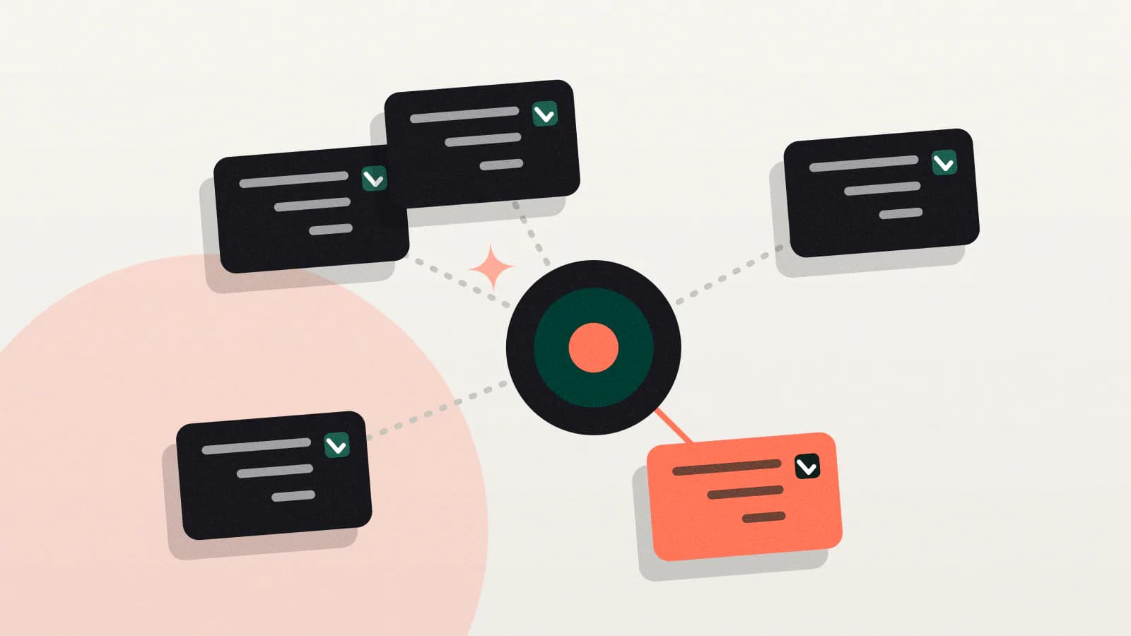 A central hub node handing tasks to surrounding task cards with checkboxes, one card highlighted in coral.