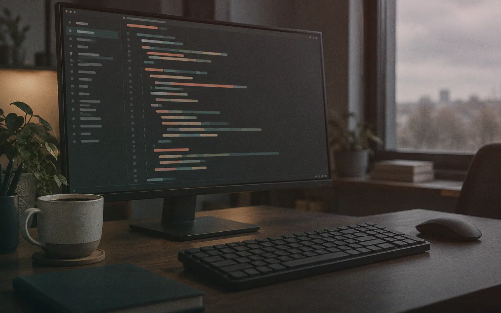Generated photo: a dark code editor on a widescreen monitor in a dim room, blurred colored syntax lines, a coffee mug beside the keyboard.