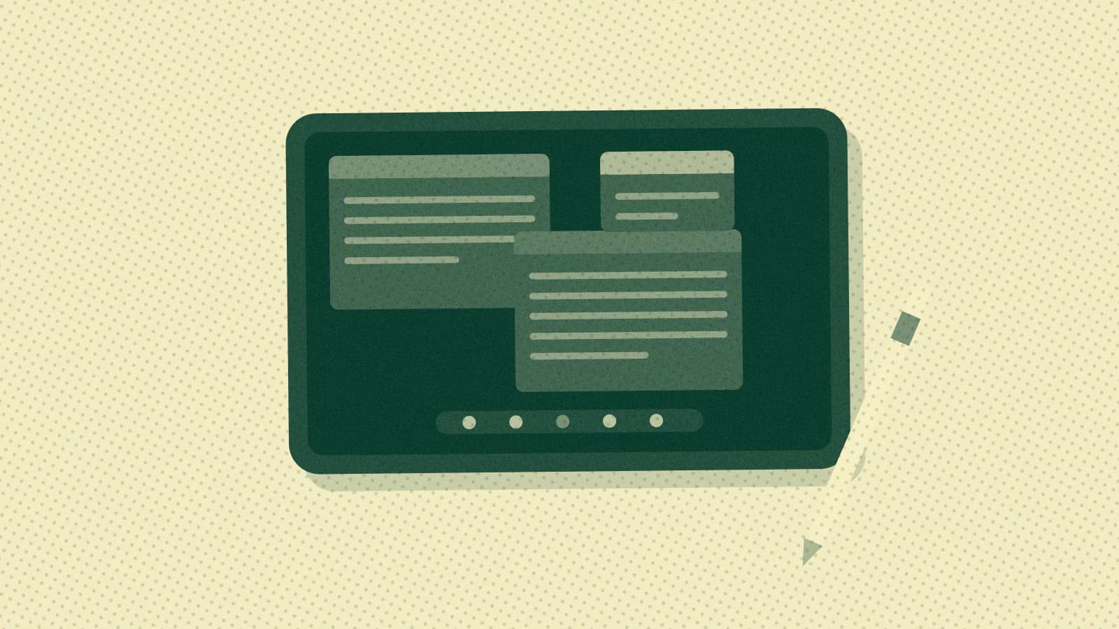 Two-colour print illustration: A large tablet with split app windows on its screen and a stylus resting beside it.