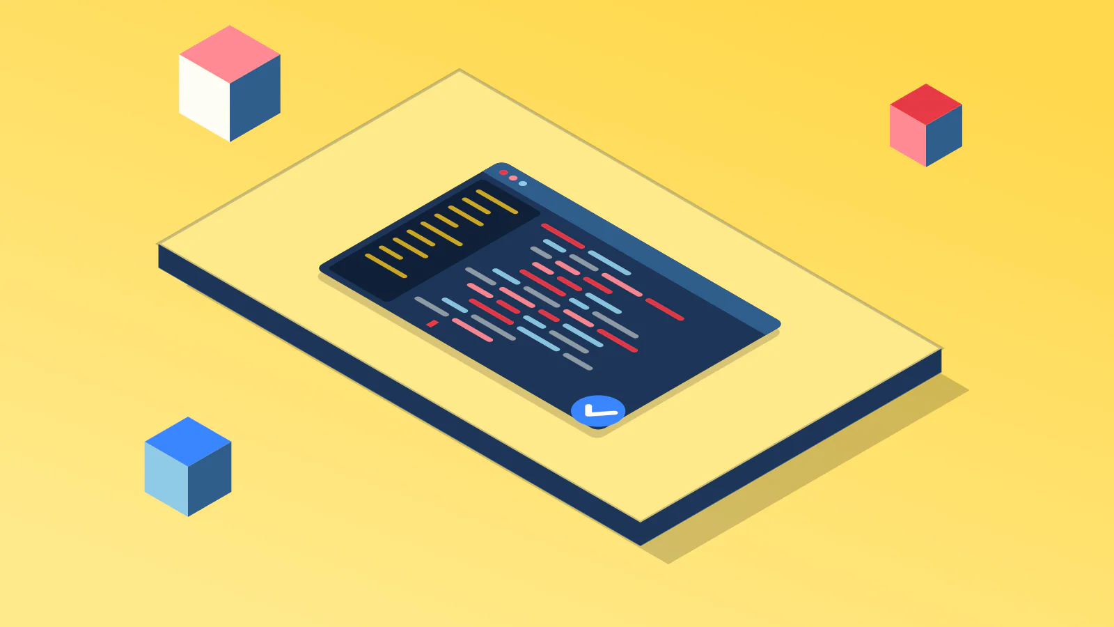 Isometric illustration: A code editor window with a file sidebar, colored lines of code, a blinking cursor and a passing-check badge.