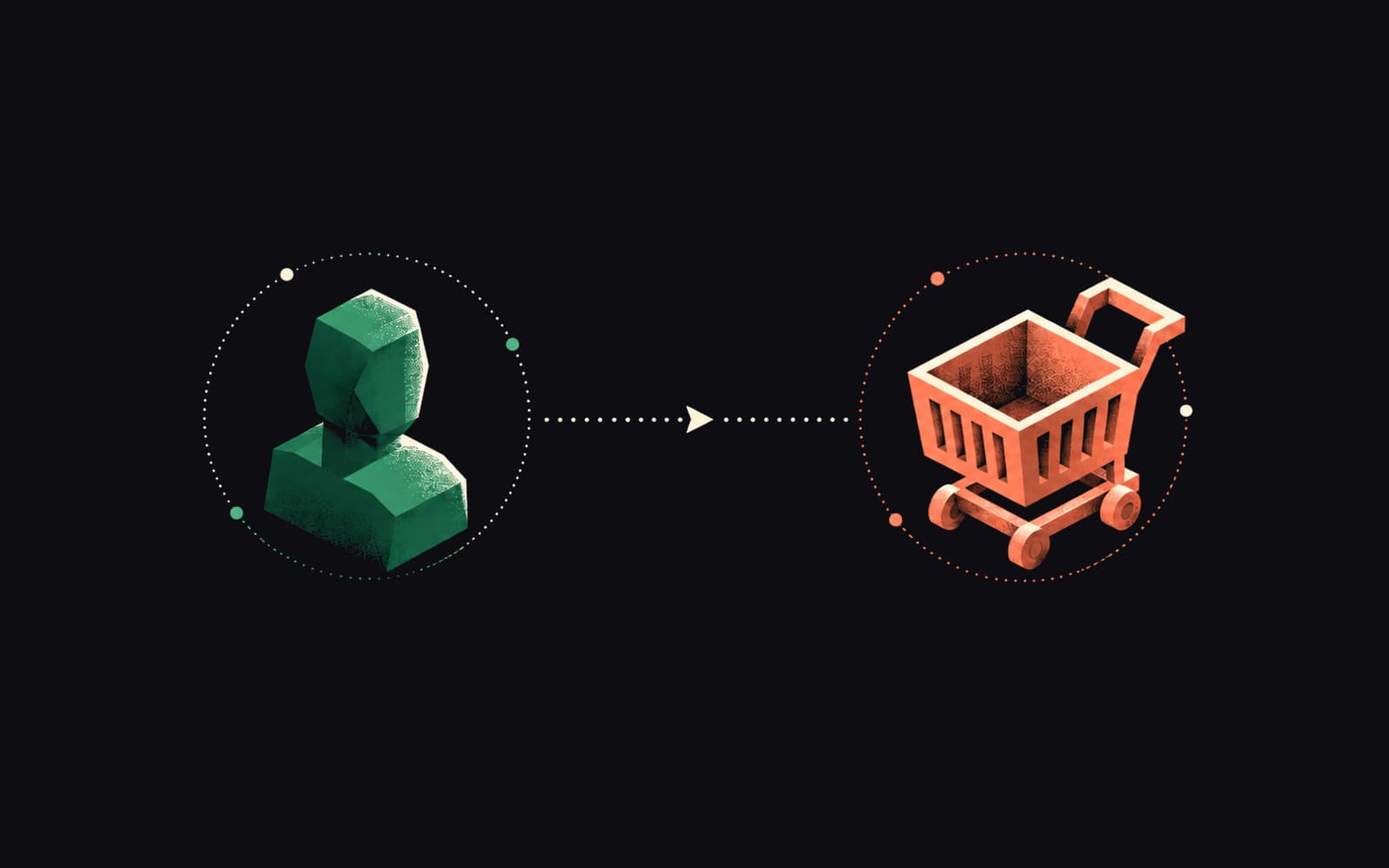 An abstract agent shape connected by a dotted line and arrow to an isometric shopping-cart icon.