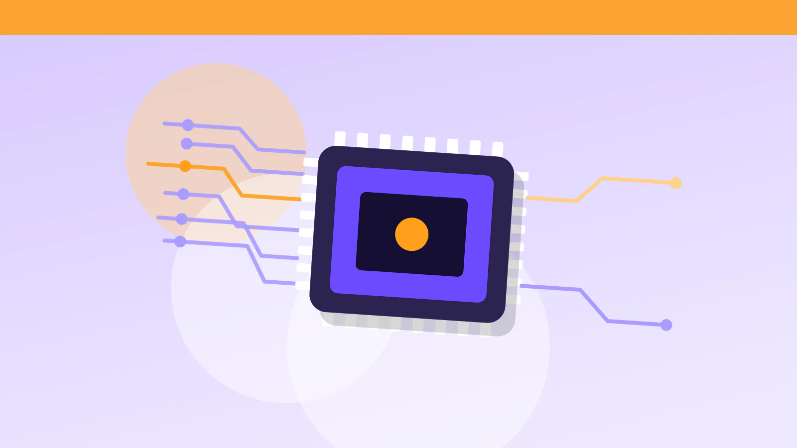 A square processor chip with pins on every side and circuit traces fanning out toward glowing nodes.
