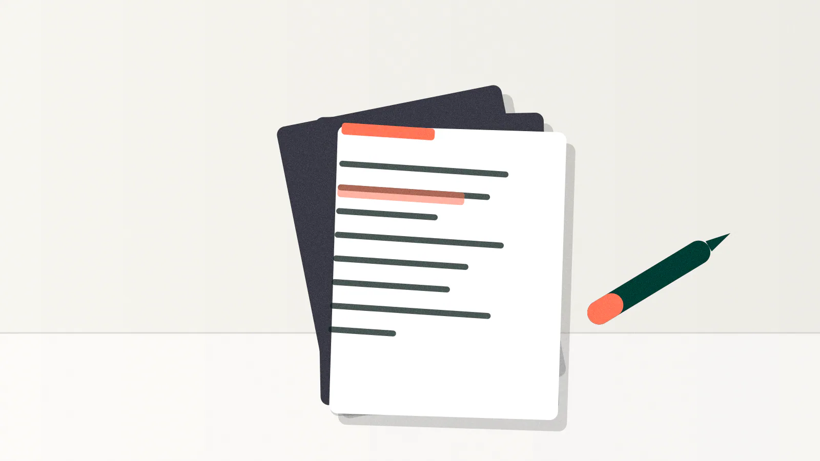 Three stacked paper sheets with text rows and a coral highlighter stripe over the key lines.