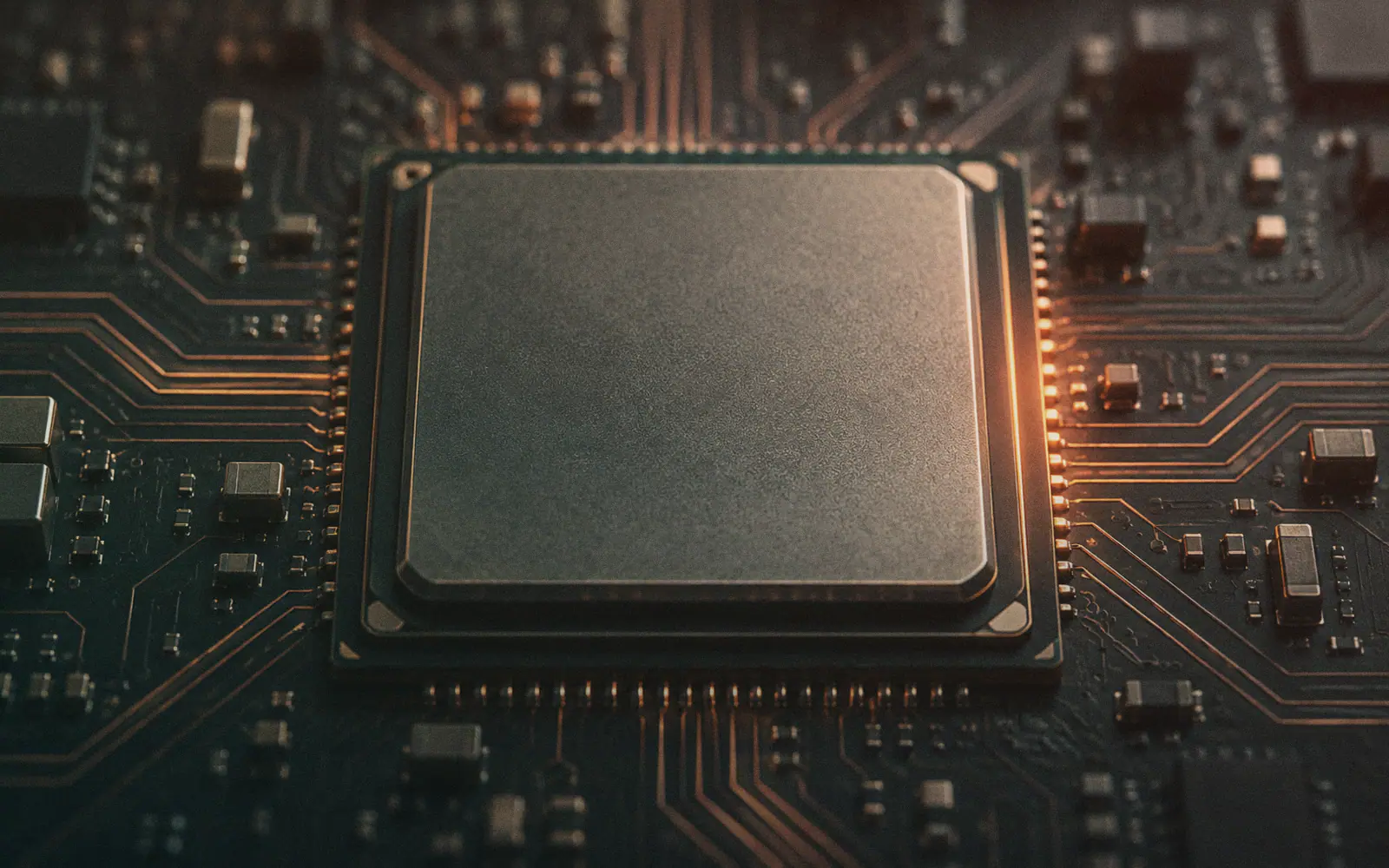 Generated photo: a processor chip close-up on a circuit board, copper traces fading into the dark, a warm coral glow along one edge.