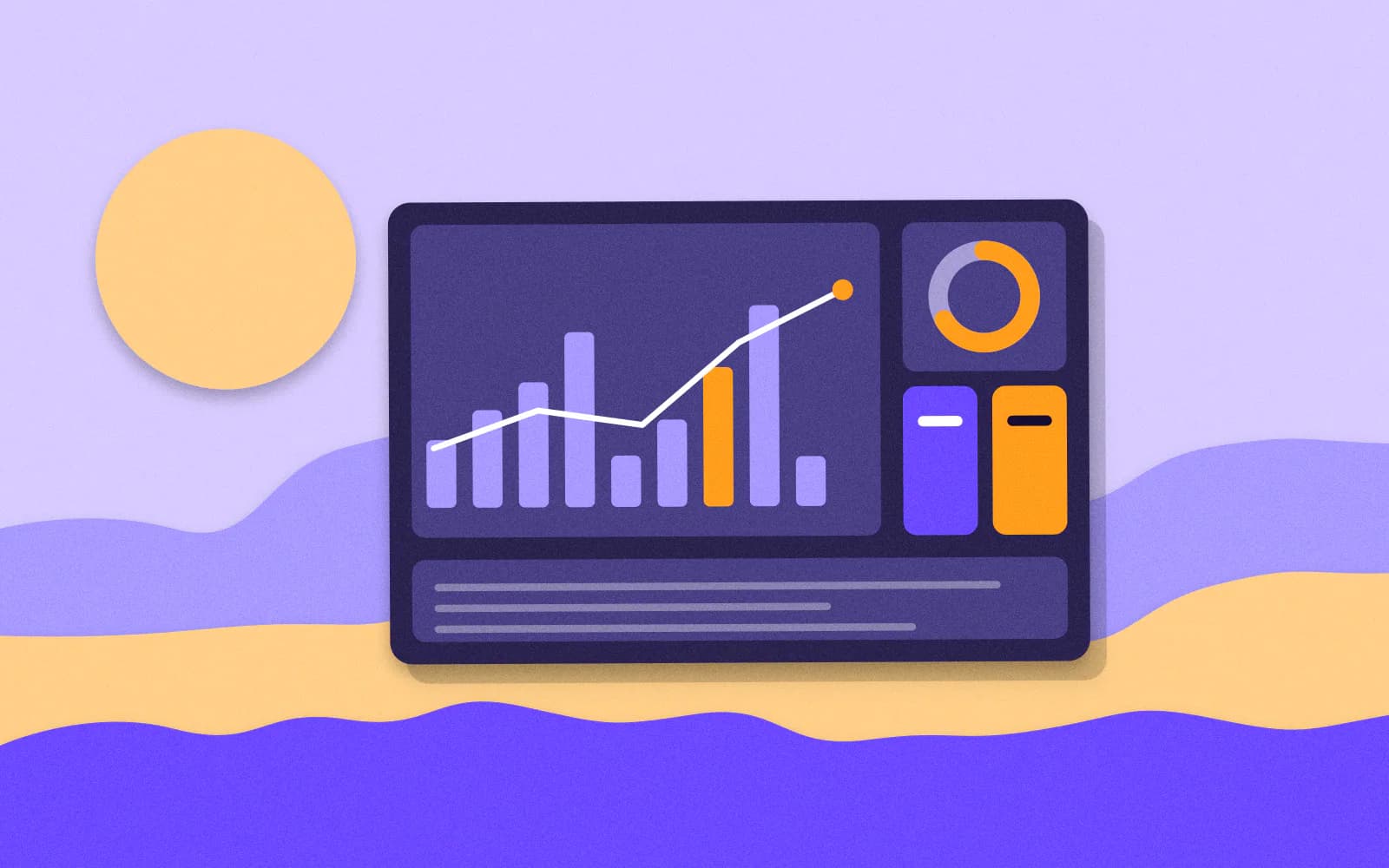 Paper-cut illustration: A dashboard panel with a bar chart, a rising line, a donut gauge and two number tiles.