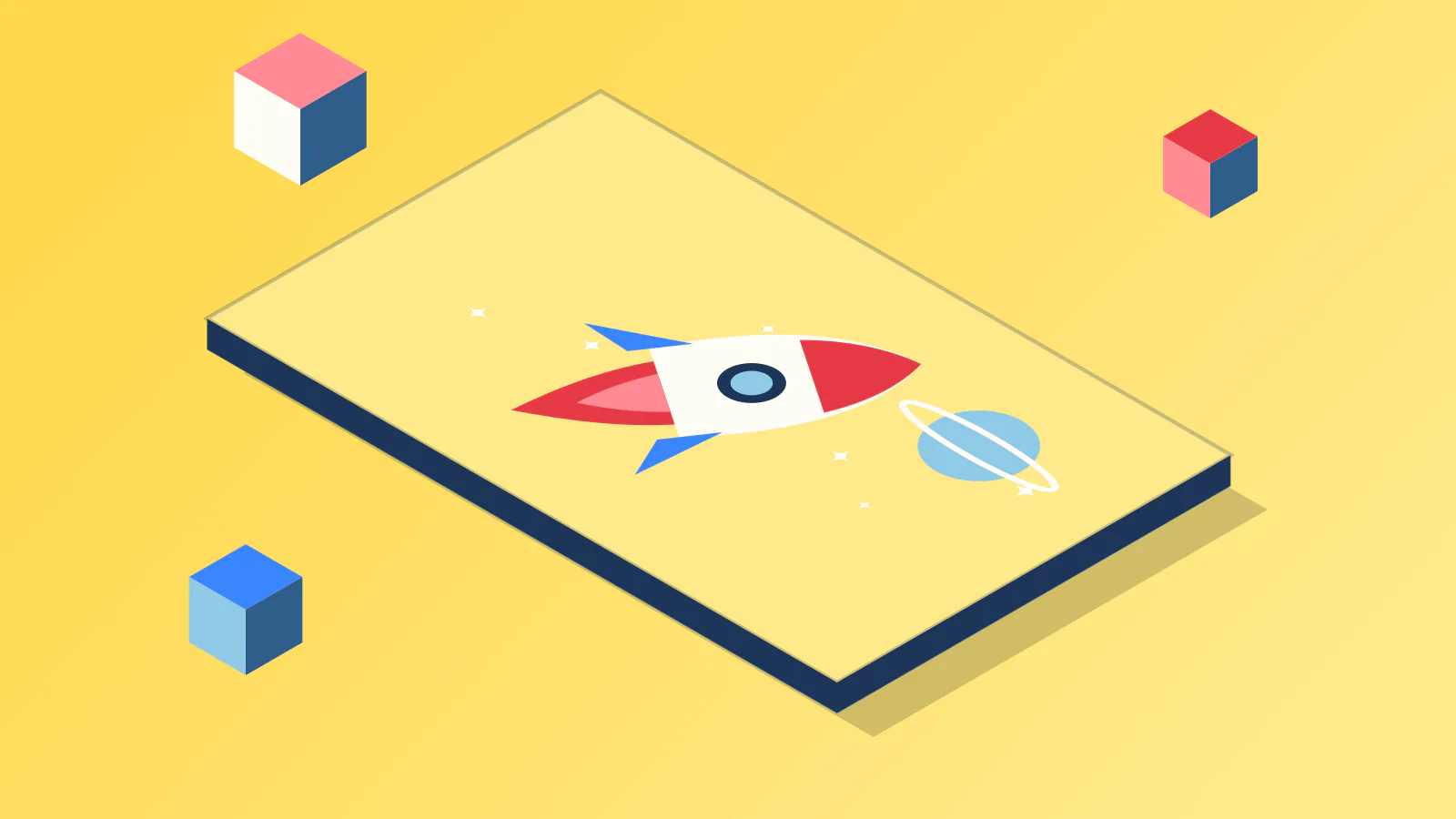 Isometric illustration: A rocket lifting off at an angle with a bright flame, past a few small stars and a ringed planet.
