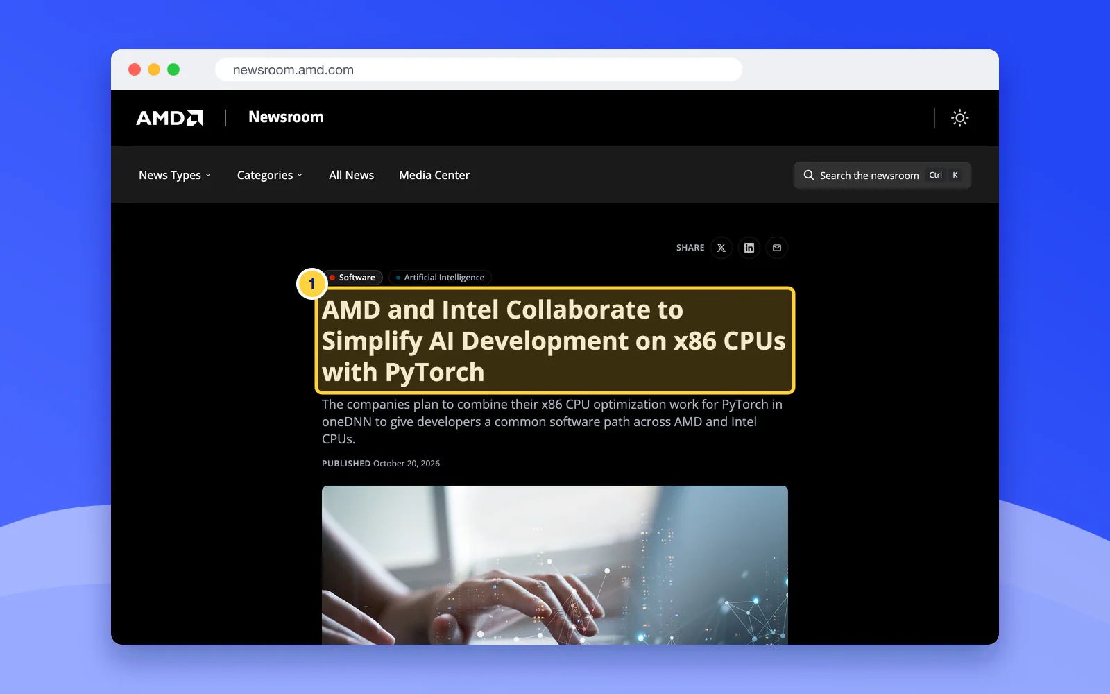 Screenshot of AMD's page "Simplifying AI Development on x86 CPUs with PyTorch - AMD Newsroom", with "AMD and Intel Collaborate to Simplify AI Development on x86 " highlighted.