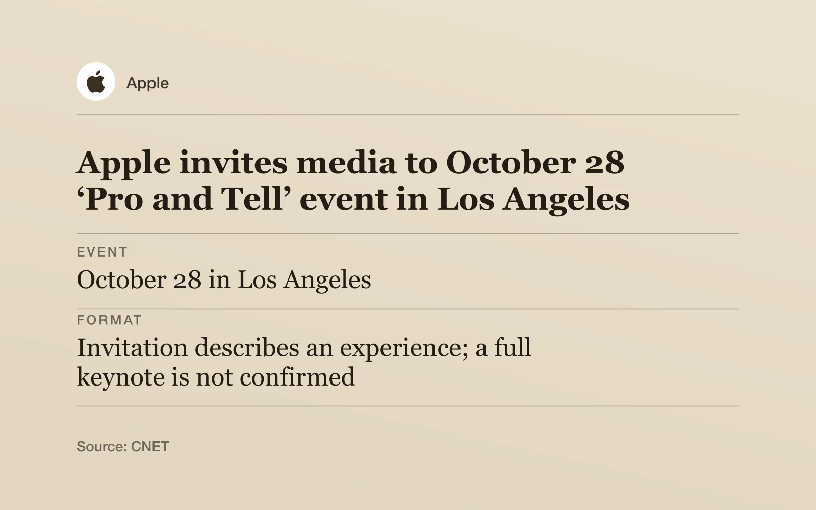 Key facts card with the Apple logo, headline "Apple invites media to October 28 ‘Pro and Tell’ event in Los Angeles": Event - October 28 in Los Angeles; Format - Invitation describes an experience; a full keynote is not confirmed; MacBook reports - OLED touchscreen model and a separate entry-level M6 update are anticipated.