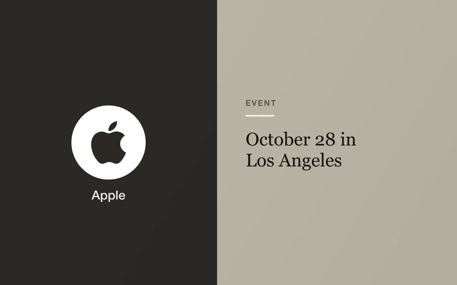 Headline-fact card with the Apple logo, Event: October 28 in Los Angeles.