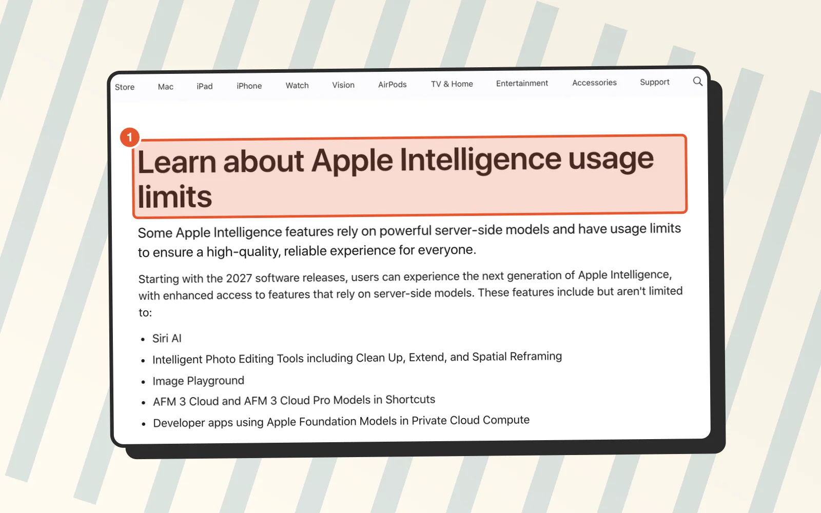 Screenshot of Apple's page "Learn about Apple Intelligence usage limits - Apple Support", with "Learn about Apple Intelligence usage limits" highlighted.