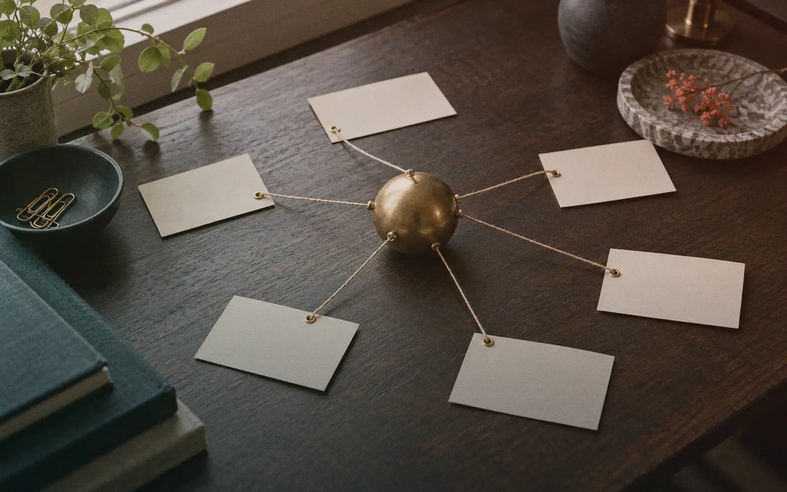 Generated photo: a tidy desk seen from above with several index cards connected by string to a central brass object, soft window light.