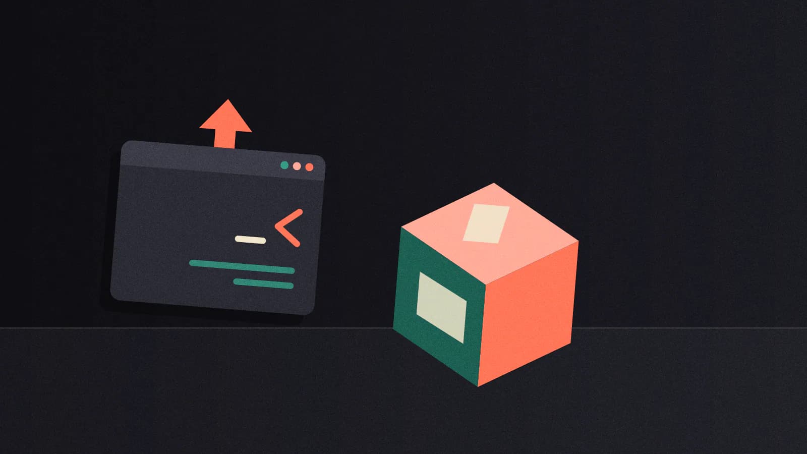 A shipping box with a label and tape, an upward arrow, and a terminal prompt chevron beside it.