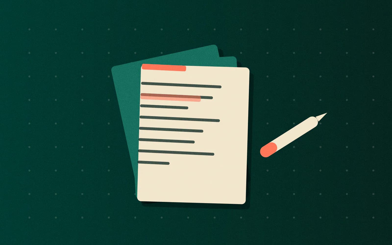 Three stacked paper sheets with text rows and a coral highlighter stripe over the key lines.