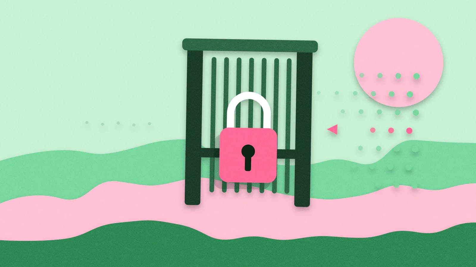 Paper-cut illustration: A closed gate with a padlock; streams of data dots arrive from the left and stop at the gate, leaving the far side empty.