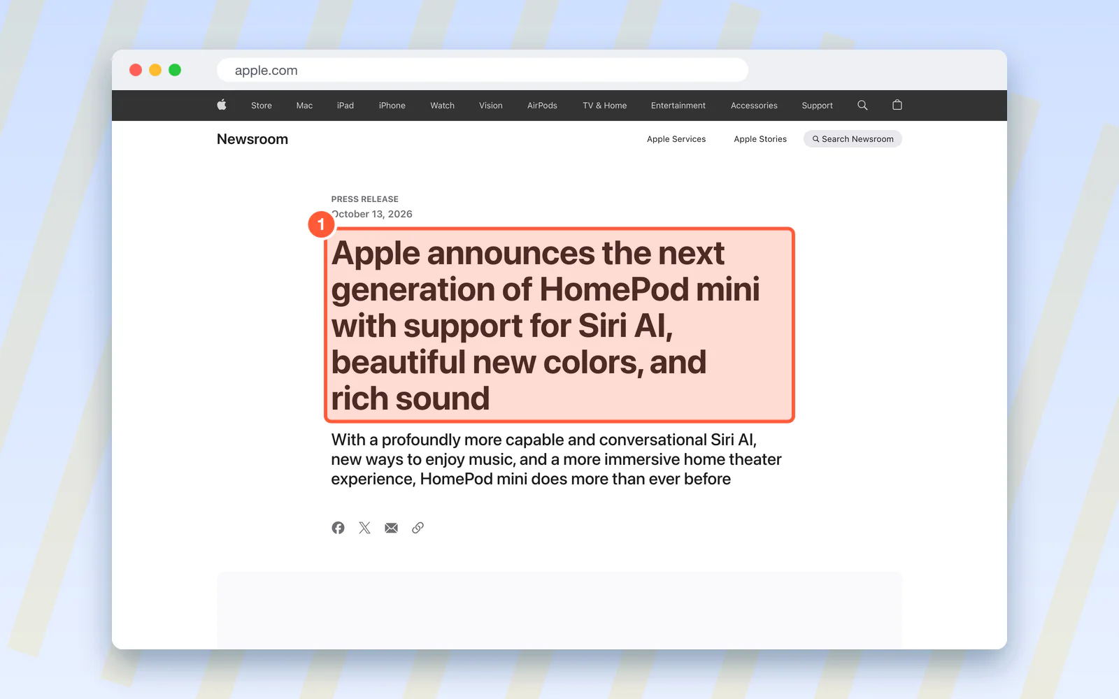 Screenshot of Apple's page "Apple announces the next generation of HomePod mini - Apple", with "Apple announces the next generation of HomePod mini with sup" highlighted.