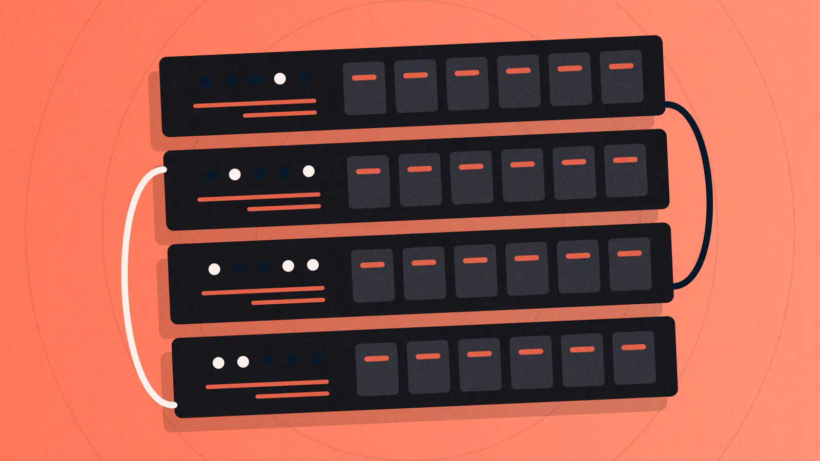 A stack of rack servers with drive bays, status lights and network cables.