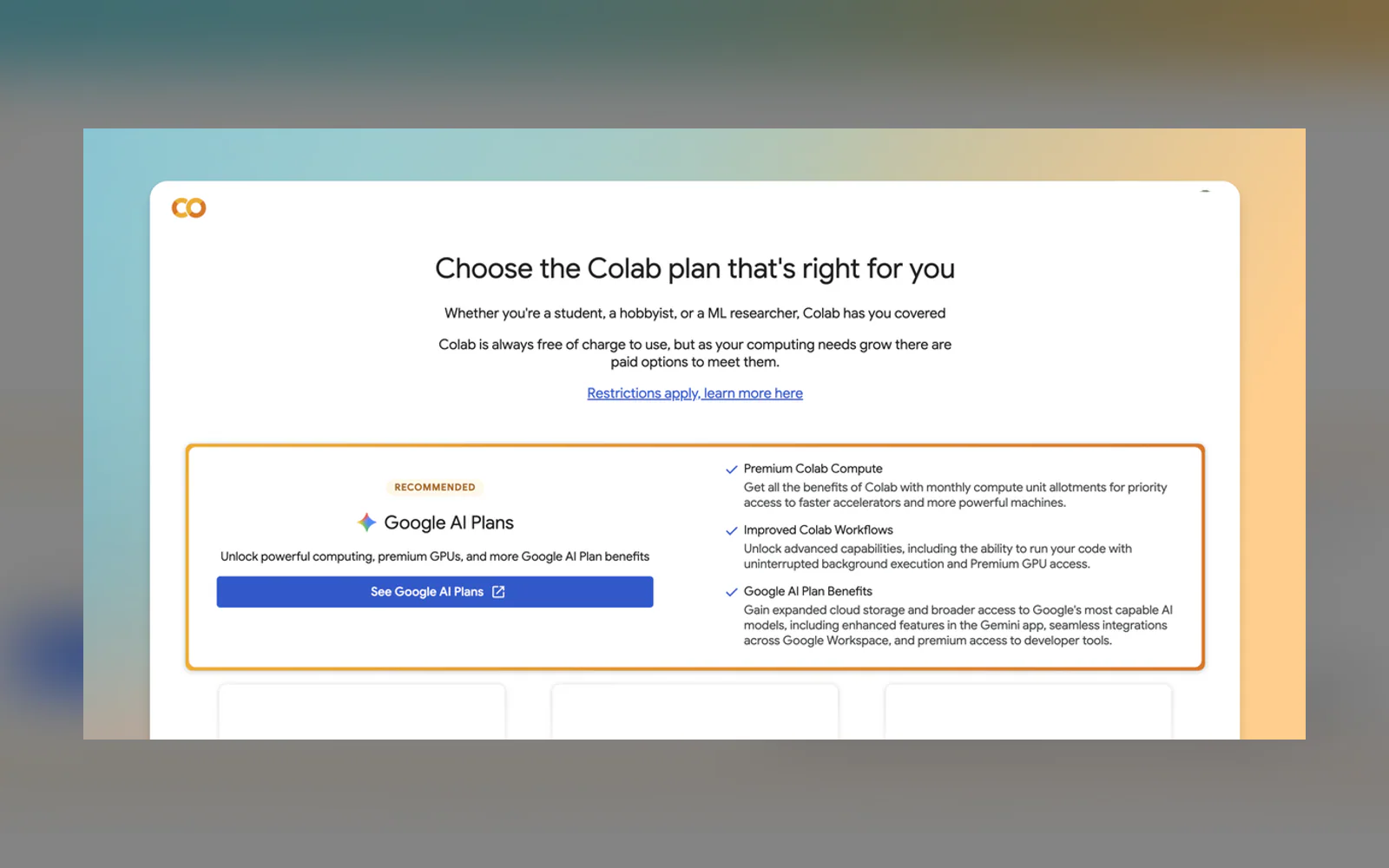 Colab plan selection page highlighting recommended Google AI Plans, with a blue button and a list of computing benefits.