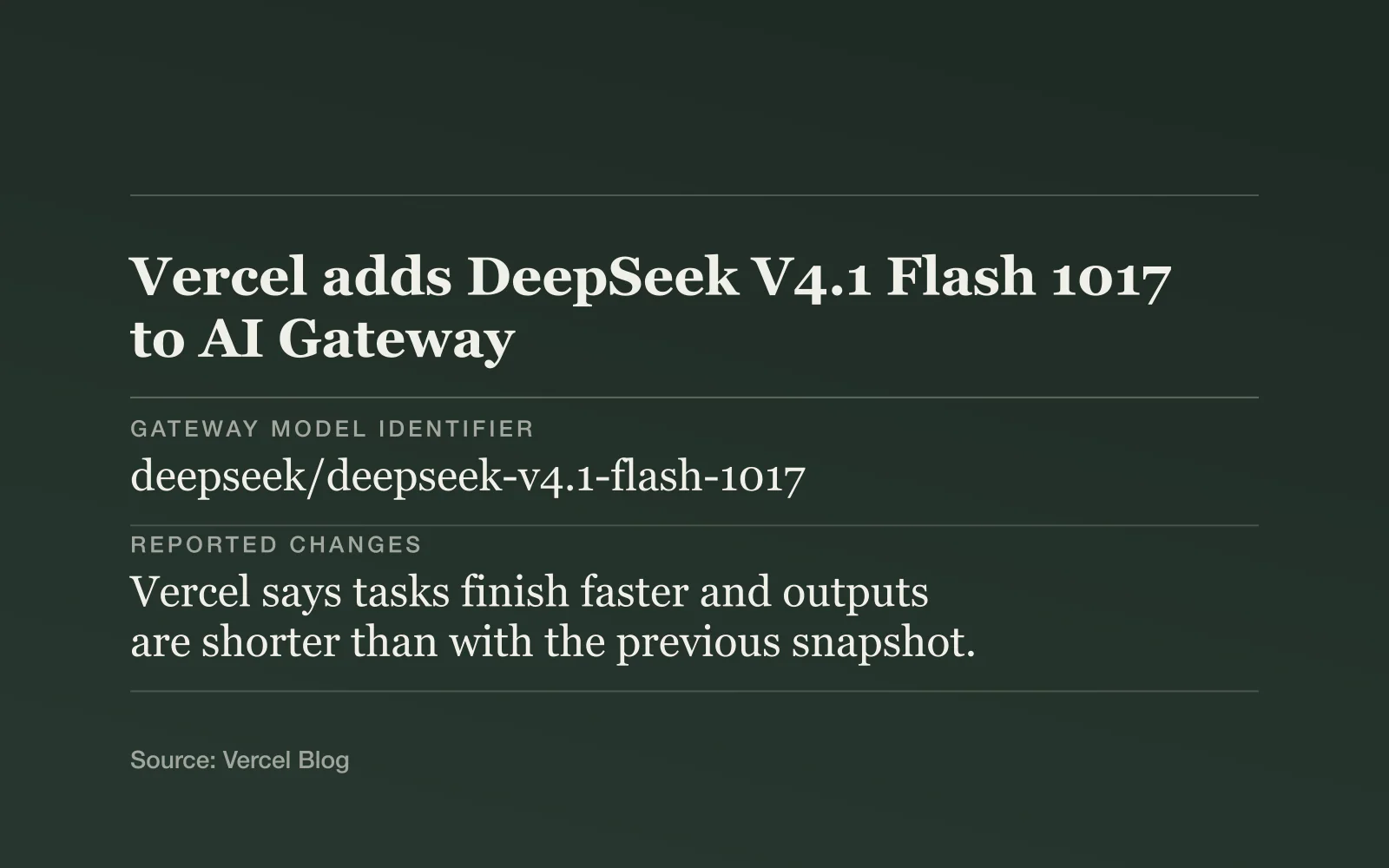 Key facts card, headline "Vercel adds DeepSeek V4.1 Flash 1017 to AI Gateway": Gateway model identifier - deepseek/deepseek-v4.1-flash-1017; Reported changes - Vercel says tasks finish faster and outputs are shorter than with the previous snapshot.; External evaluation - Artificial Analysis lists an Intelligence Index score of 45 for the Max variant..