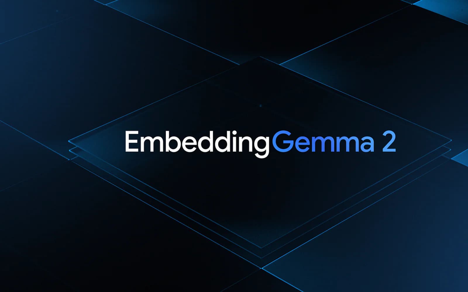 “EmbeddingGemma 2” in white and blue text over dark, layered geometric panels outlined in blue.