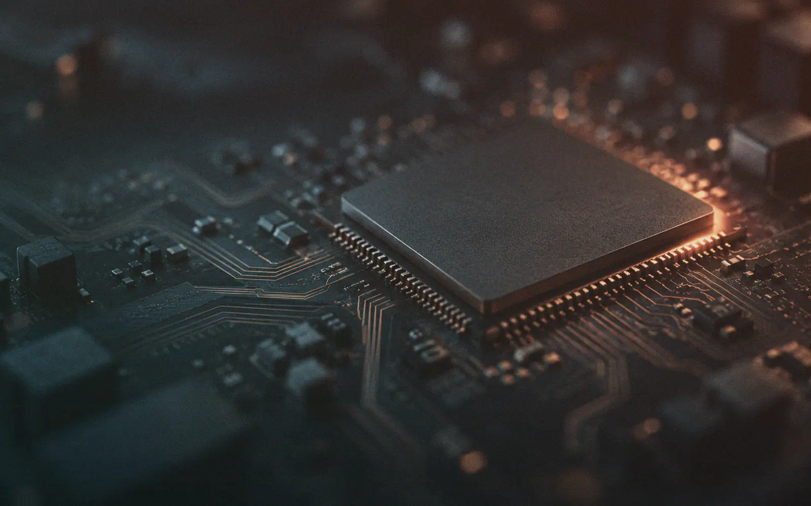 Generated photo: a processor chip close-up on a circuit board, copper traces fading into the dark, a warm coral glow along one edge.