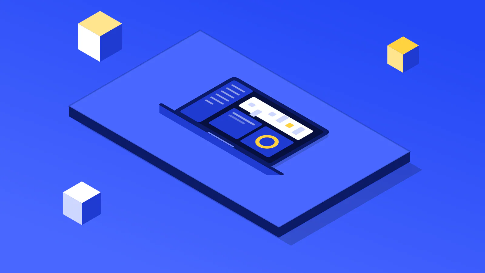 Isometric illustration: An open laptop showing an app window with a sidebar, a chart panel and a highlighted update badge.