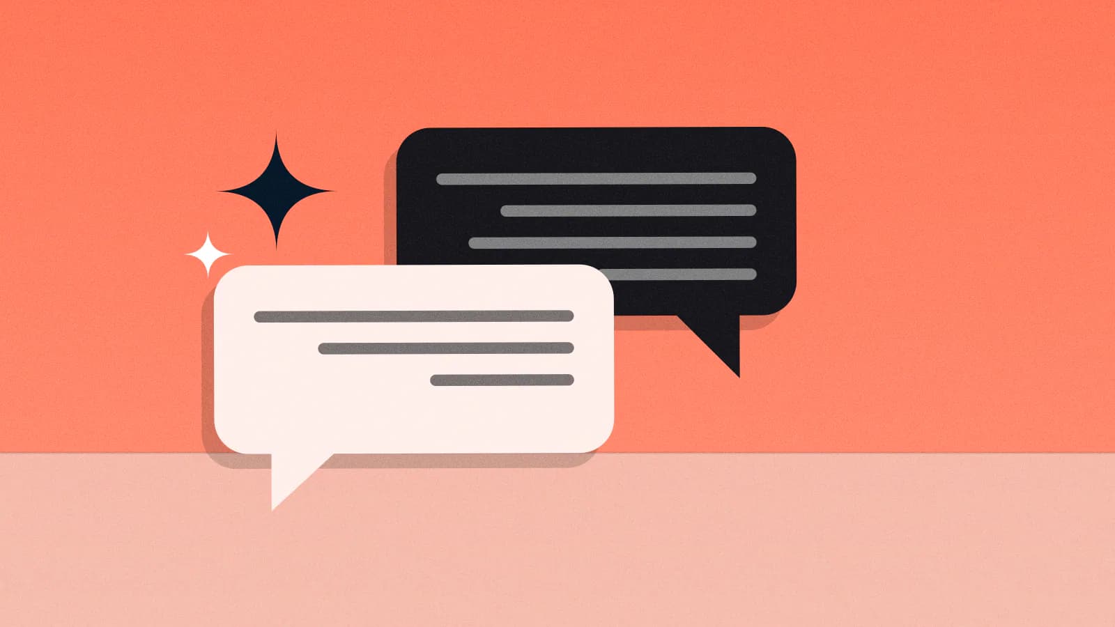 Two overlapping speech bubbles with text lines, one carrying a coral sparkle.