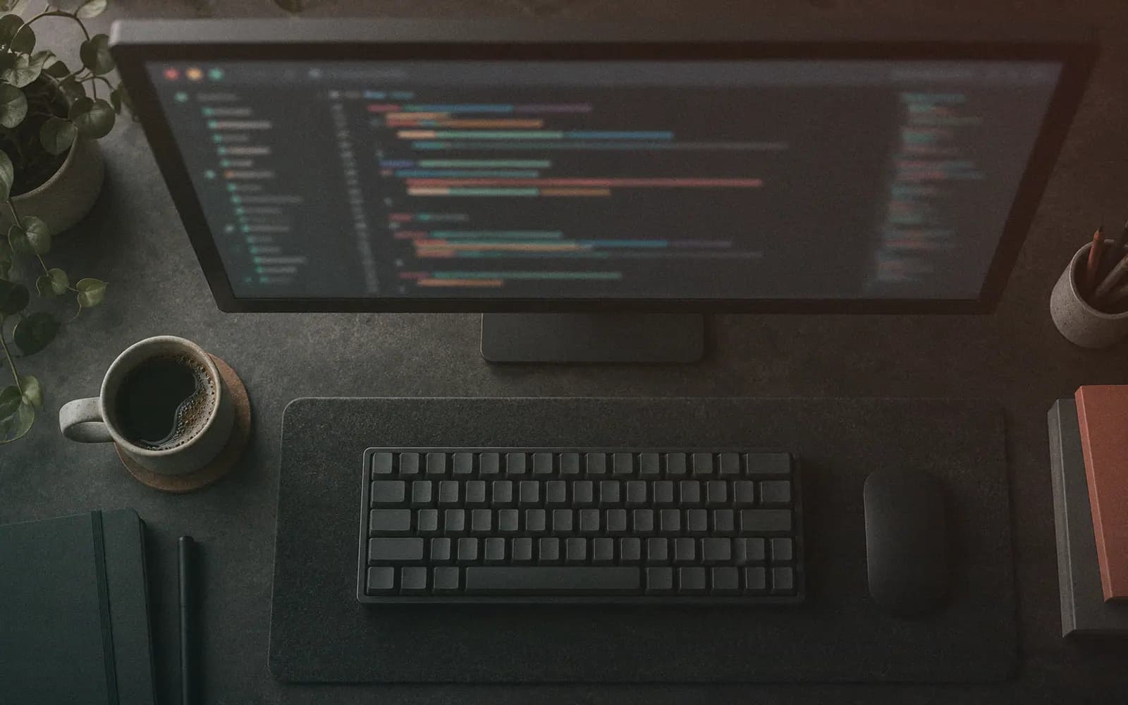 Generated photo: a dark code editor on a widescreen monitor in a dim room, blurred colored syntax lines, a coffee mug beside the keyboard.