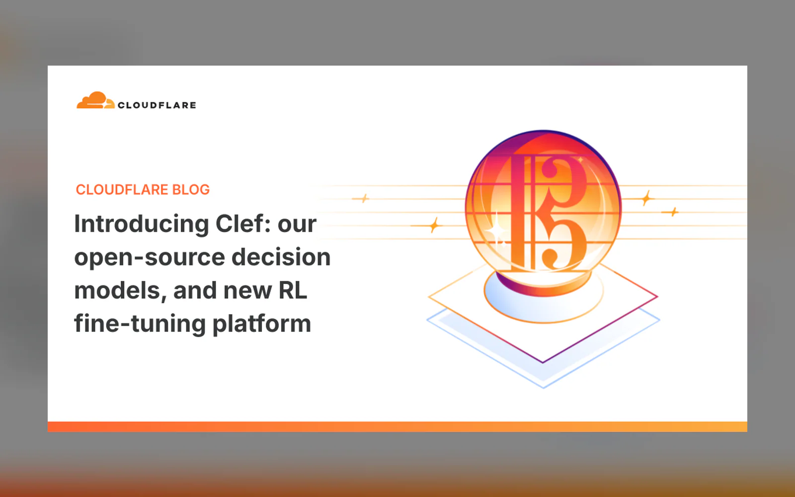 Cloudflare blog graphic introducing Clef, open-source decision models and an RL fine-tuning platform, beside a glowing musical clef.