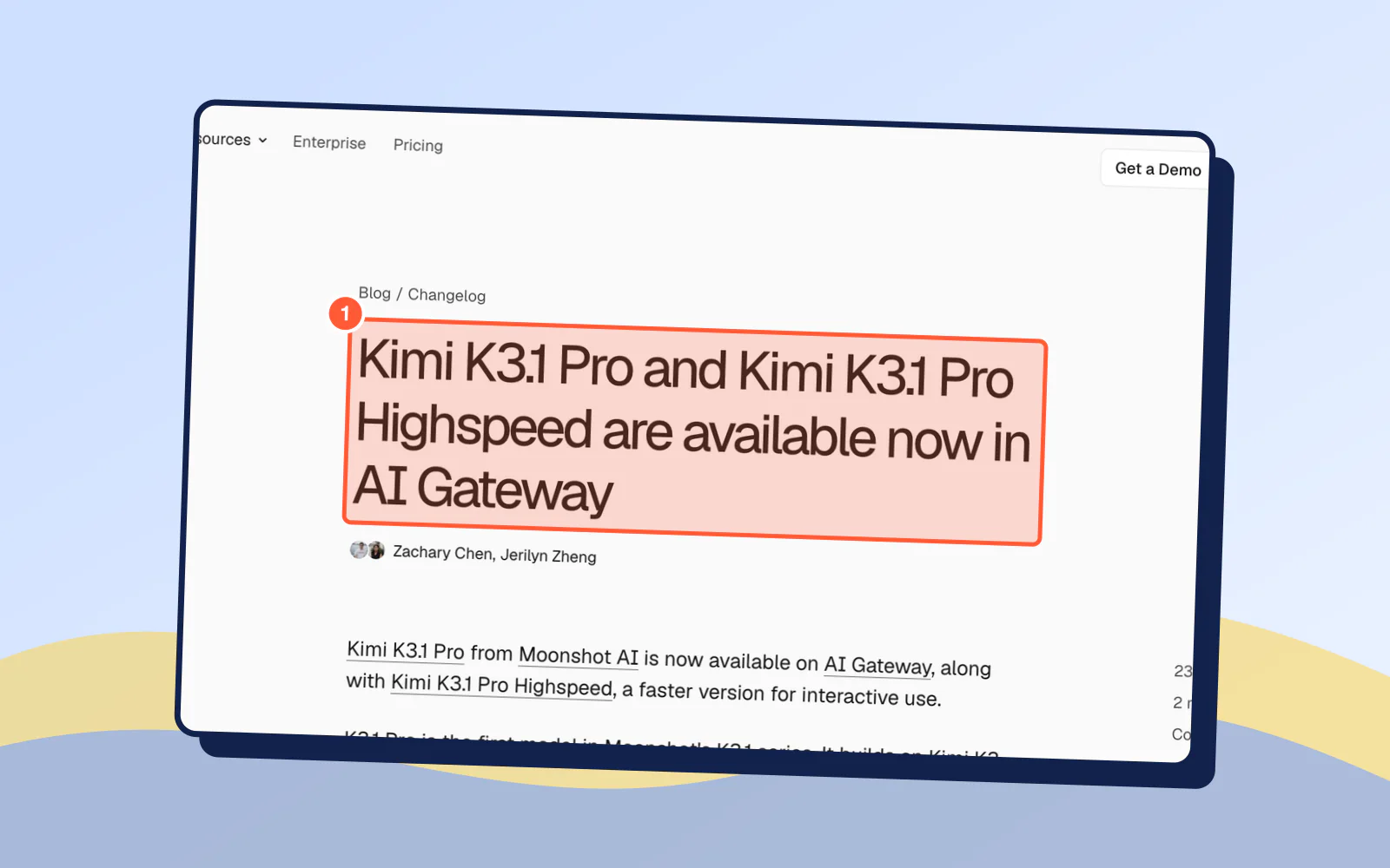 Screenshot of Vercel's page "Kimi K3.1 Pro and Kimi K3.1 Pro Highspeed are available now in AI Gateway - Vercel", with "Kimi K3.1 Pro and Kimi K3.1 Pro Highspeed are available now " highlighted.